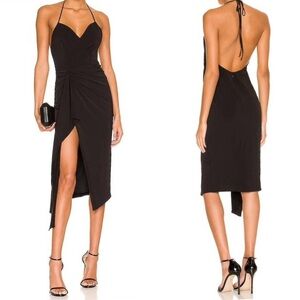 Katie May Black Backless Halter Midi Dress with Side Knot and Front Slit